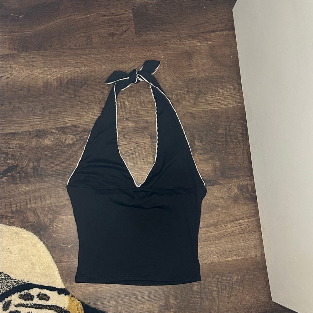 Black Halter Top With Lace Trim